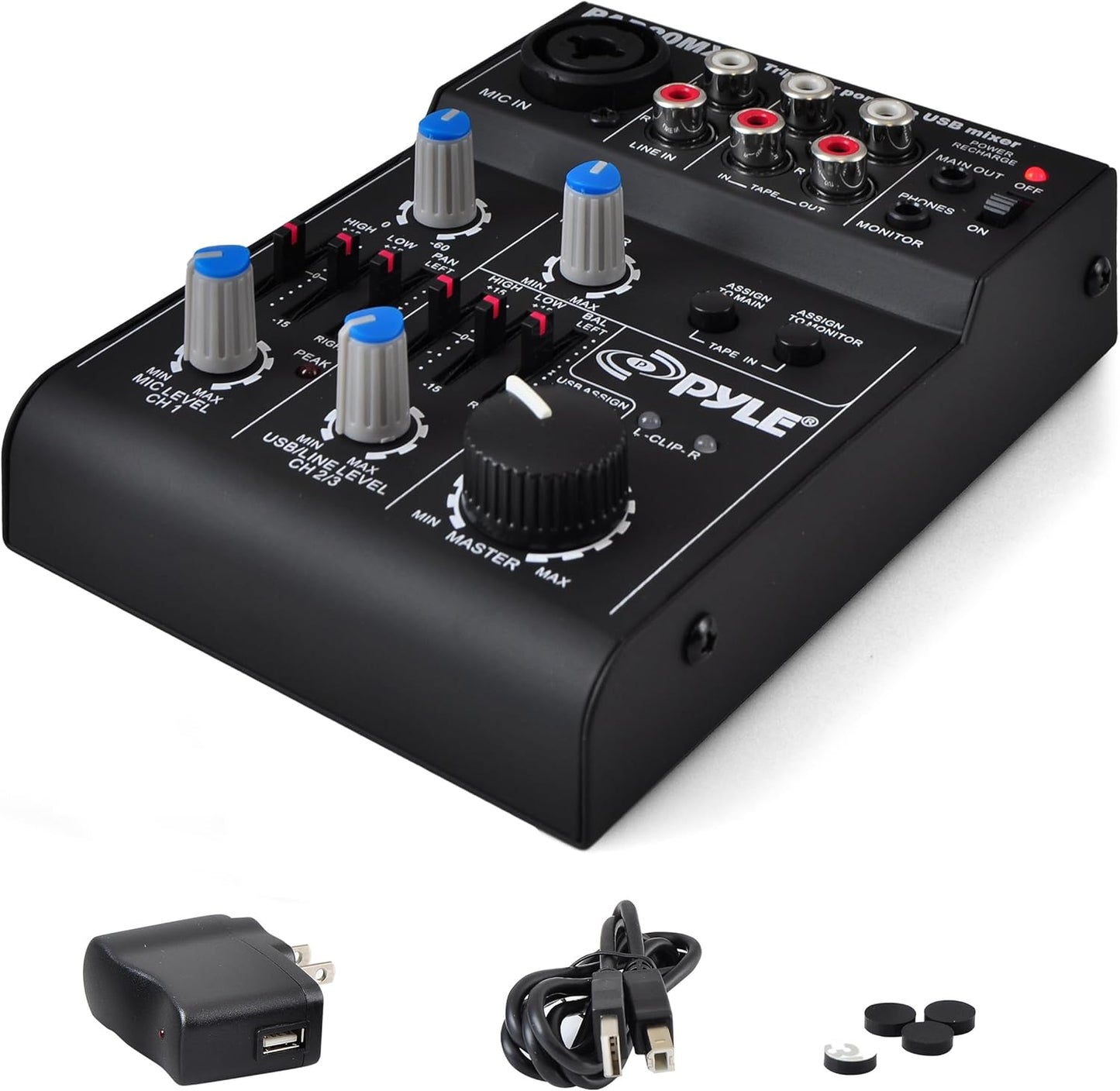 Pyle 5-Channel Professional Audio Mixer DJ Sound Board – Compact Music Mixer with USB Interface, EQ Controls, XLR Mic Input, 18V Phantom Power, Rechargeable Battery – USB/Line/Master Controls