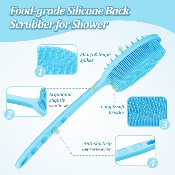 Silicone Back Scrubber & Bath Glove Set 2PCS, 13.4'' Gentle Shower Back Scrubber - Image 3