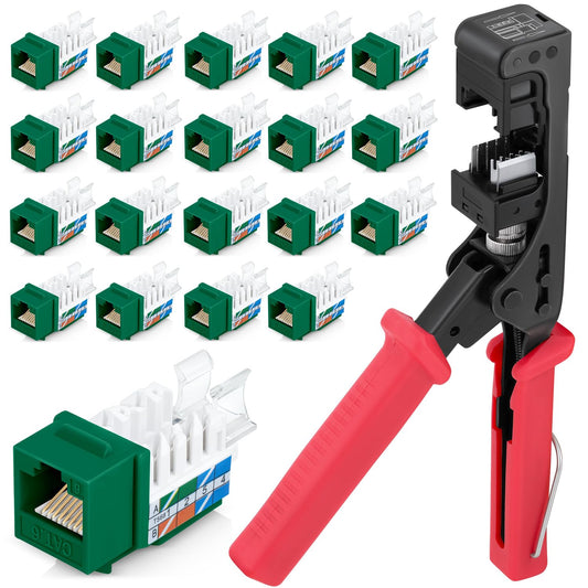 Everest easyJACK - 45° Angled Speed Termination Keystone Tool Set - with 20-Pack of RJ45 Cat6 Keystone Jacks in Green (Slim Profile Design) - Time Saver Network Punch Down Tool Cat6
