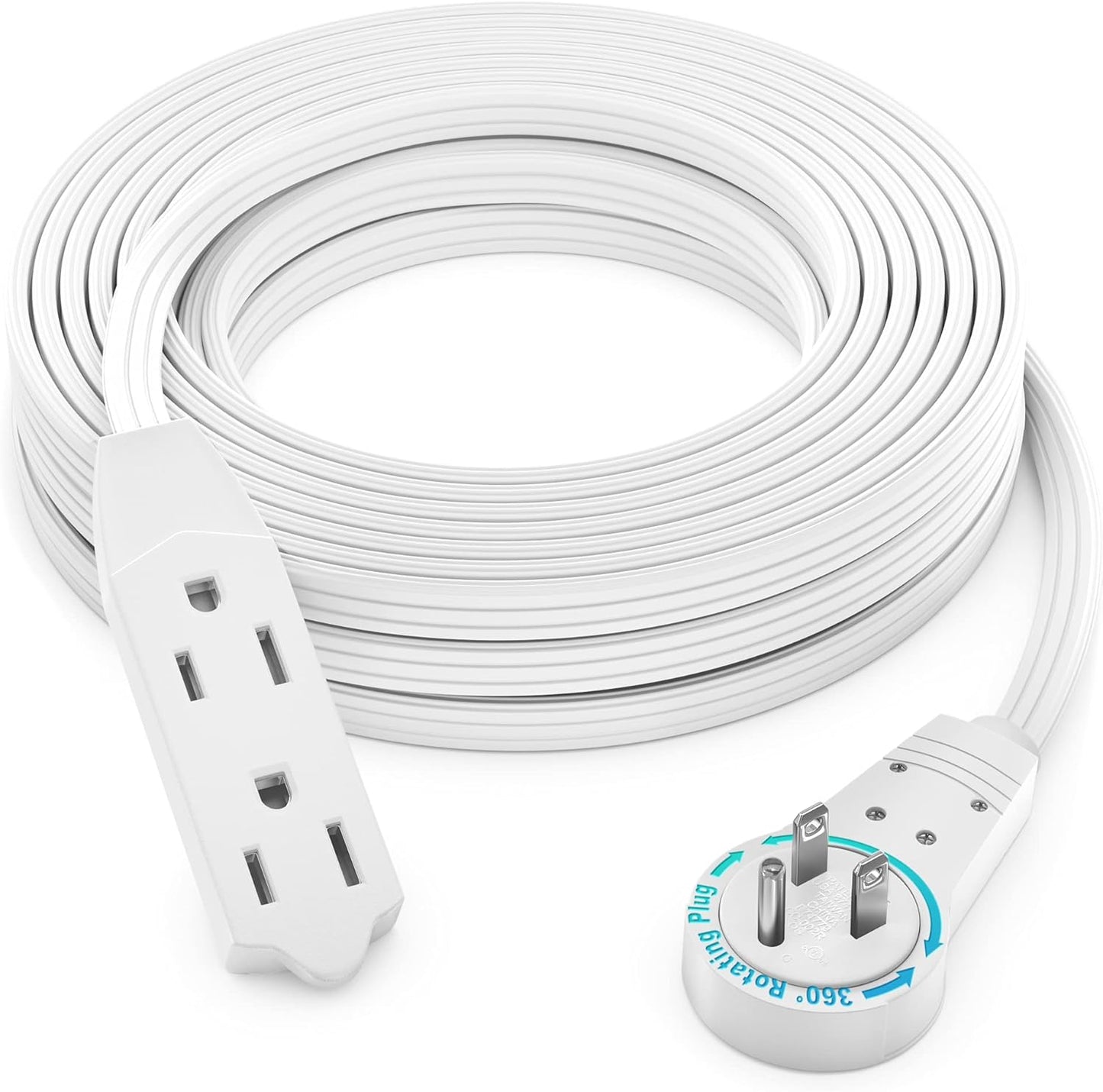 Maximm Cable 25 Ft 360° Rotating Flat Plug Extension Cord/Wire, 16 AWG Multi 3 Outlet Extension Wire, 3 Prong Grounded Wire - White - UL Certified