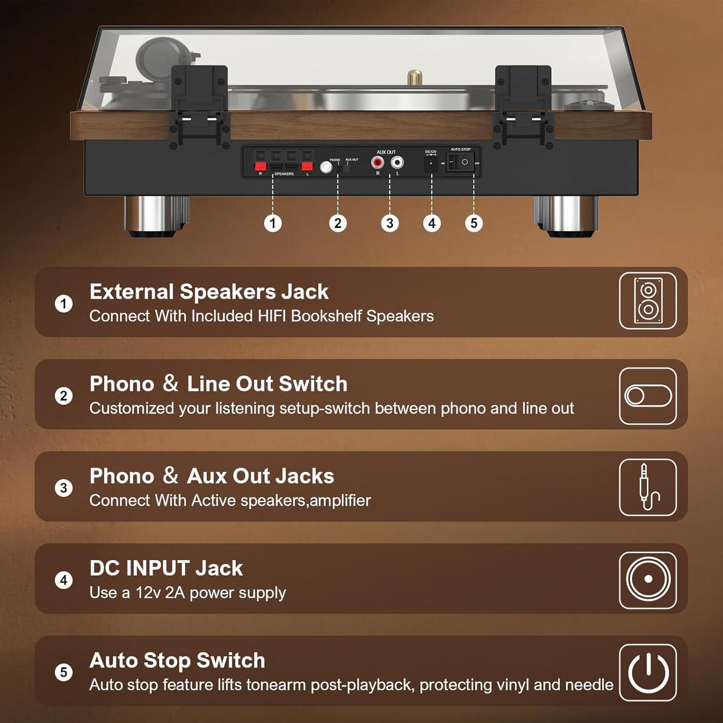 Wohome Vinyl Record Player with 66 Watt External Bookshelf Speakers, High Fidelity System Vintage Turntables for Vinyl Records with Magnetic Cartridge, Bluetooth Playback, RCA line Out and Auto Off