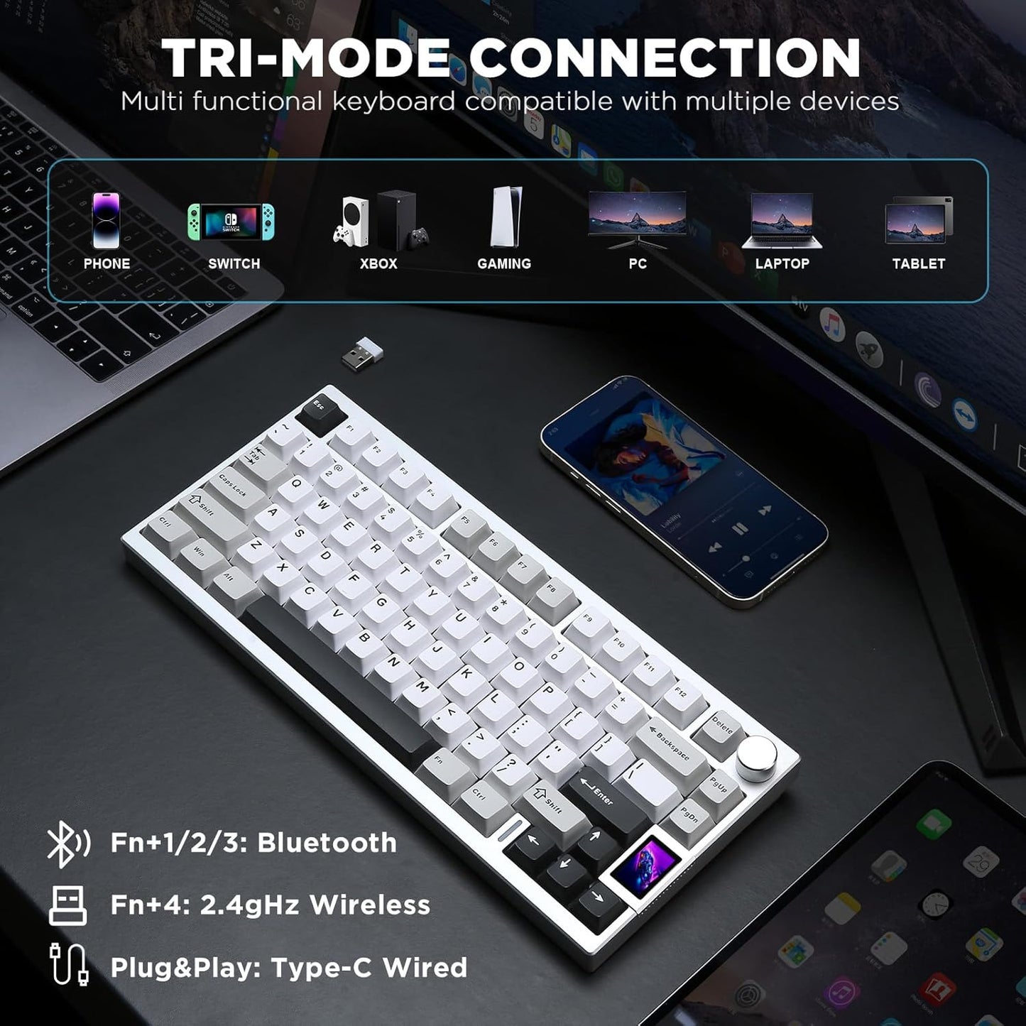 YUNZII AL80 Wireless Mechanical Keyboard,Full Aluminum CNC, Smart LCD Display,Hot Swappable Gasket Mount 75% Layout with Knob,BT/2.4G/USB-C,QMK/VIA Support for Win/Mac (Silver, Gateron Zero Switch)