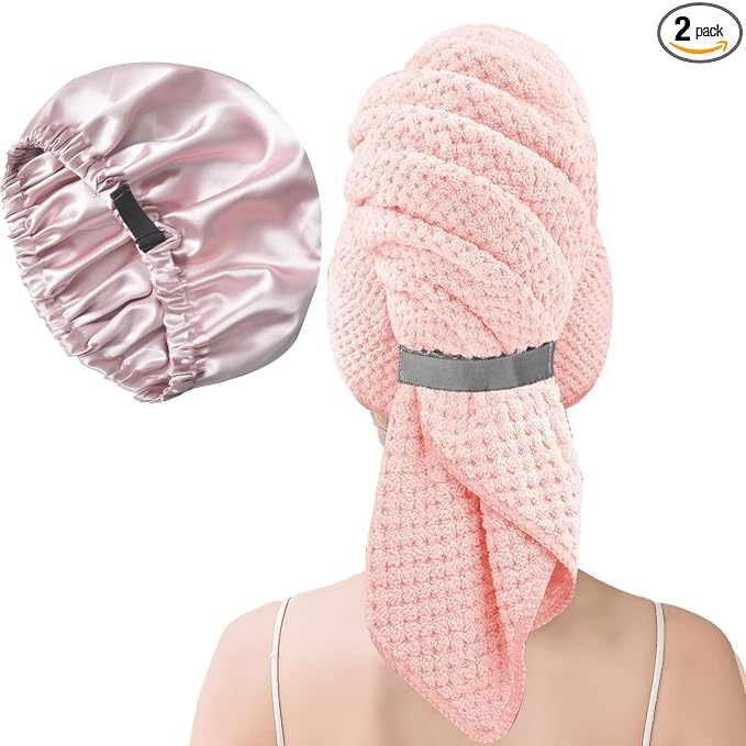 Large Microfiber Hair Towel Wrap & Satin Bonnet Set by Netcken