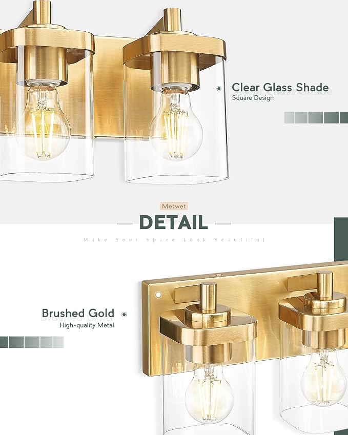 Bathroom Light Fixtures Over Mirror, 3-Light Brushed Gold Vanity Light - Image 3