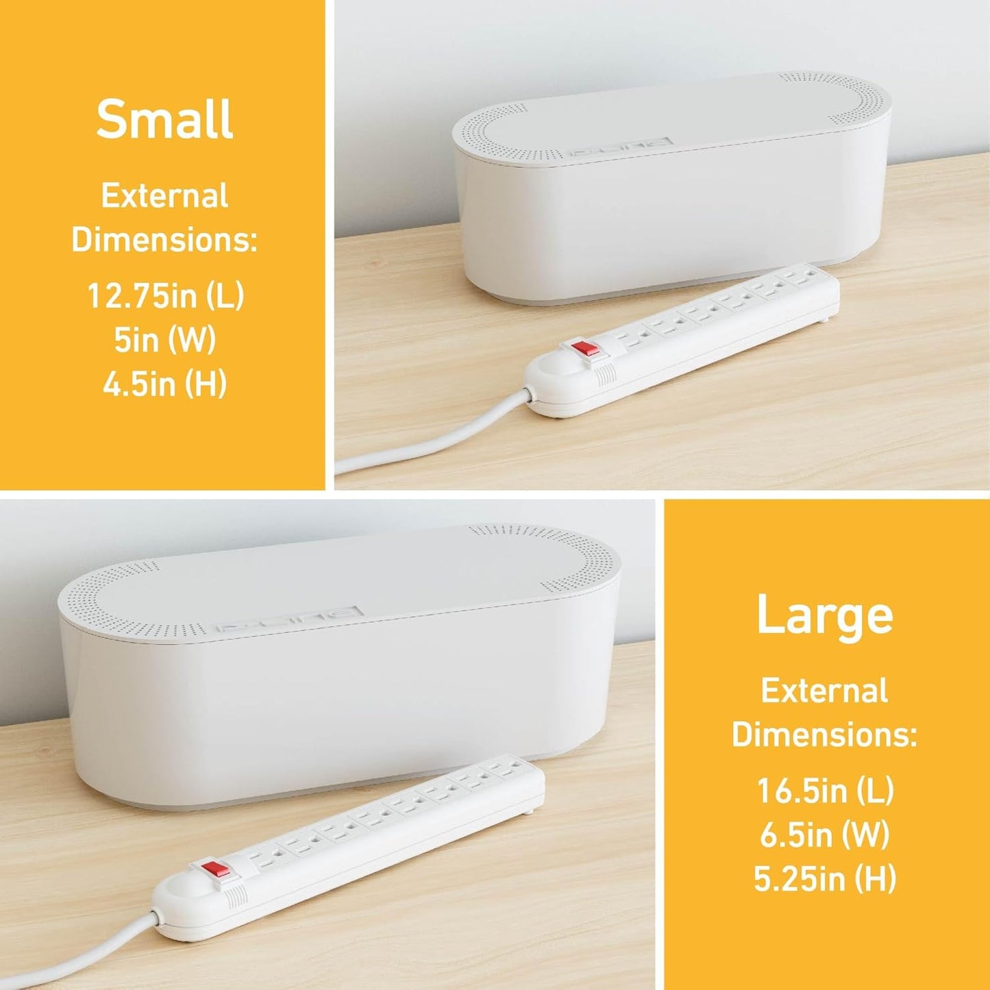 D-Line Cable Management Box, Power Strip Holder, Floor Outlet Hiders, Desk Cord Organizer, Cover TV Wires, Wire Storage, Extension Hider, Office Concealer for Cords, Baby Proof Cables - Large, White