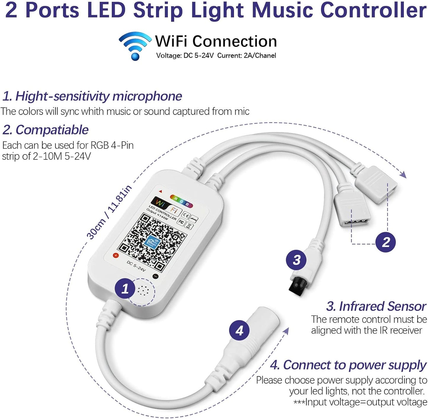 RGBZONE 2.4GHz WiFi LED Controller, IR Wireless Remote Control, 2-Ports Smart 4-PIN RGB LED Controller, Music Sync, for SMD 5050 3528 LED Light Strips(2 Ports)