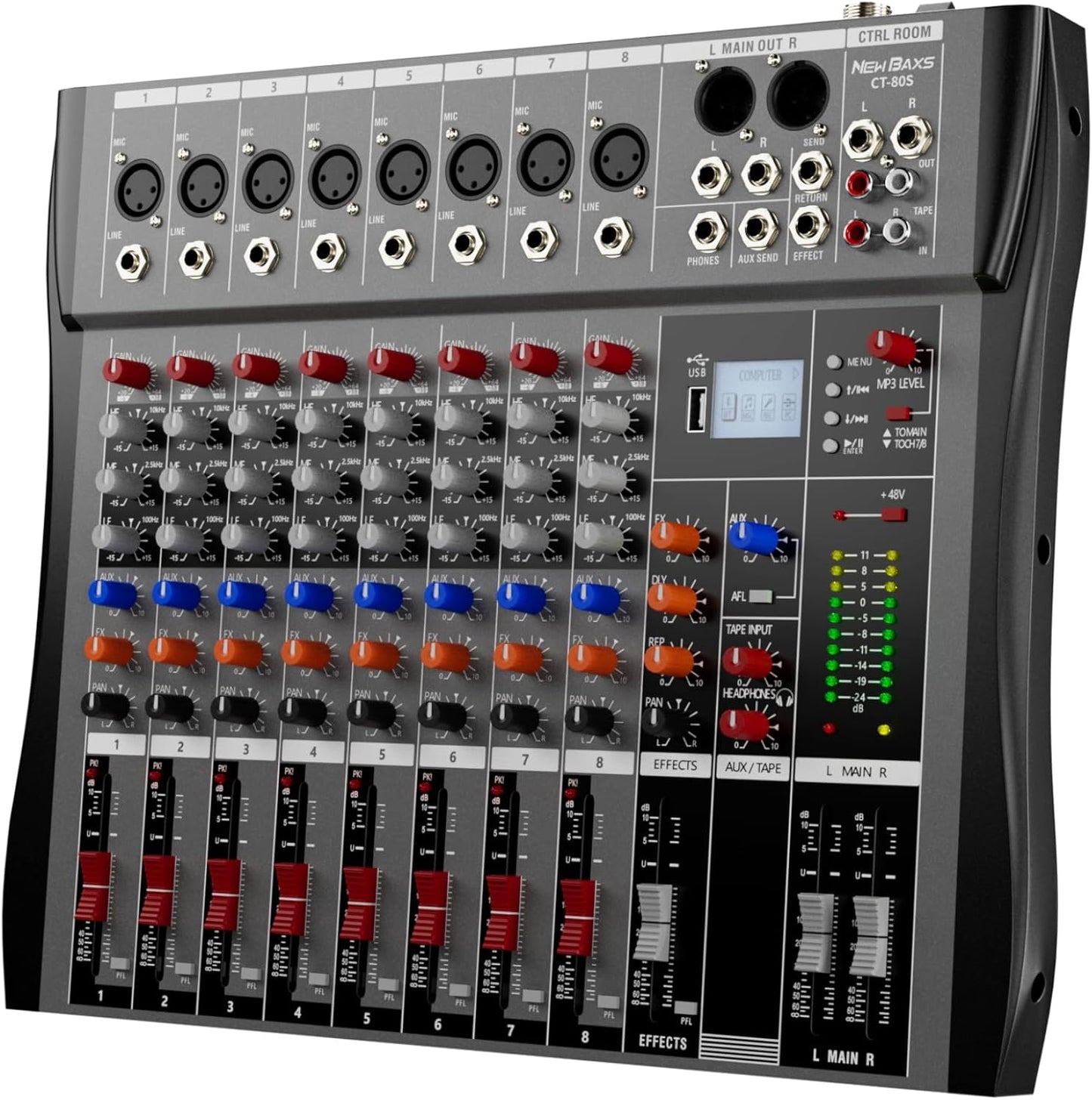Professional DJ Audio Mixer - 8 Channel DJ Bluetooth Controller Sound Mixer w/DSP 16 Preset Effects, USB Interface, 8 XLR Mic/Line Input, AUX, FX Processor MP3 Player, Headphone Jack