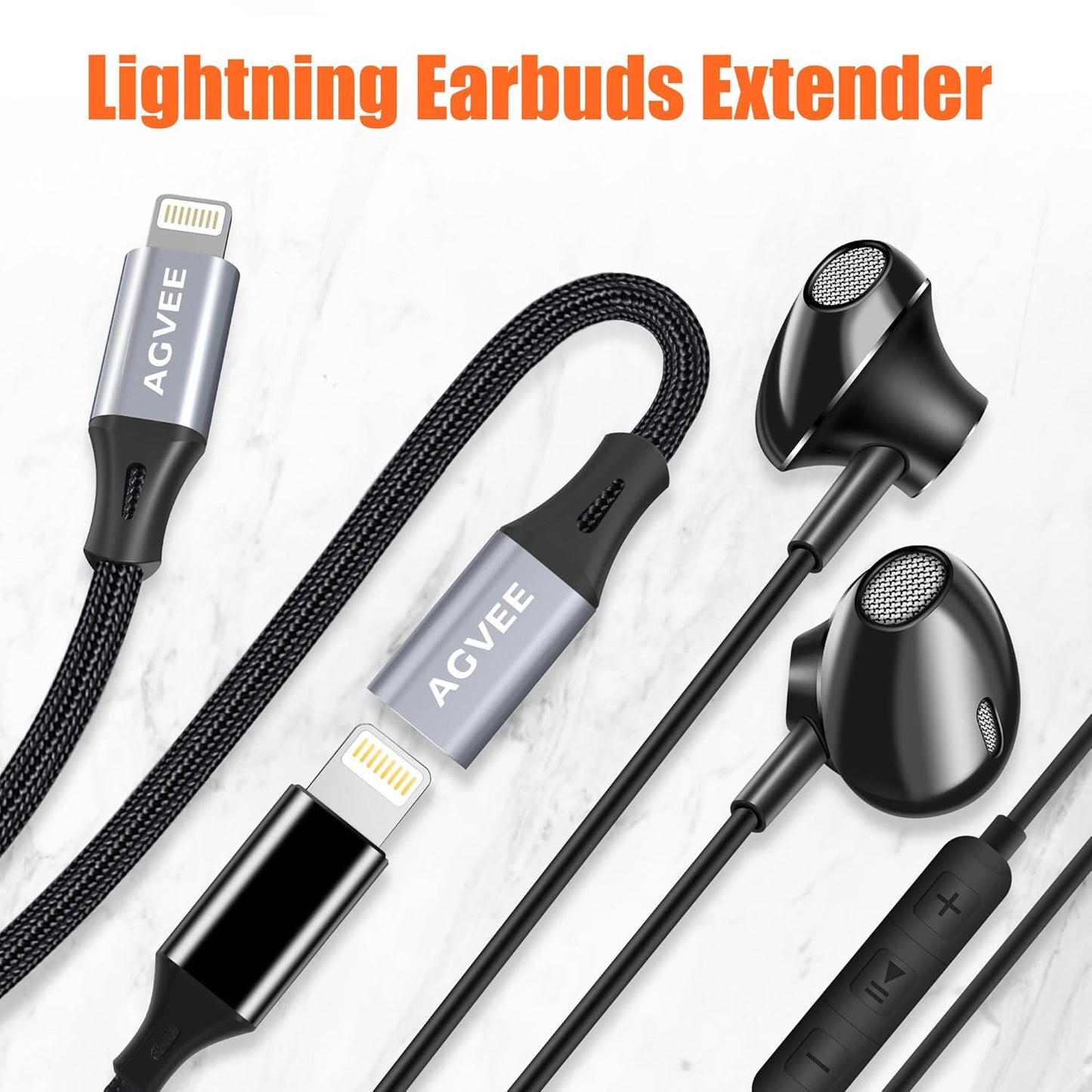 AGVEE 1ft Lightning Extension Cable, Braided Female to Male Extender Full Function Cord Compatible with iPhone iPad, Data Sync Video Audio & Charging Connector Adapter, Dark Gray