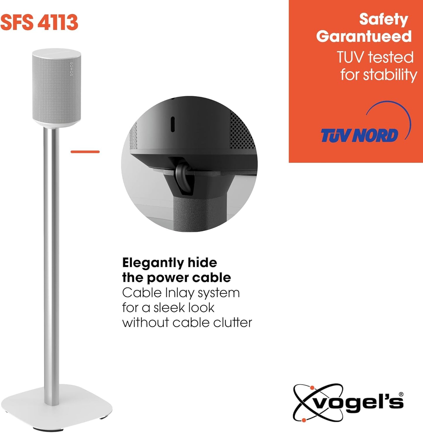 Vogel's SFS 4113 Speaker Floor Stand for Sonos ERA 100, Cable Inlay System, Height: 32,3 inch (82 cm), Exceptionally Stable, White, 1 Floor Stand