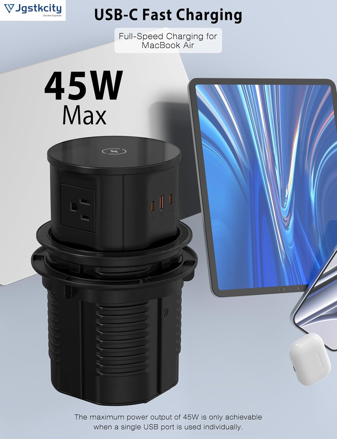 Pop up Outlet for Countertop with Wireless Charger,45W USB C Port, 4.7'' Diameter Round Pop Up Counter Outlet with AC Outlets,USB Ports,Hidden Outlet,Pop Out Outlet