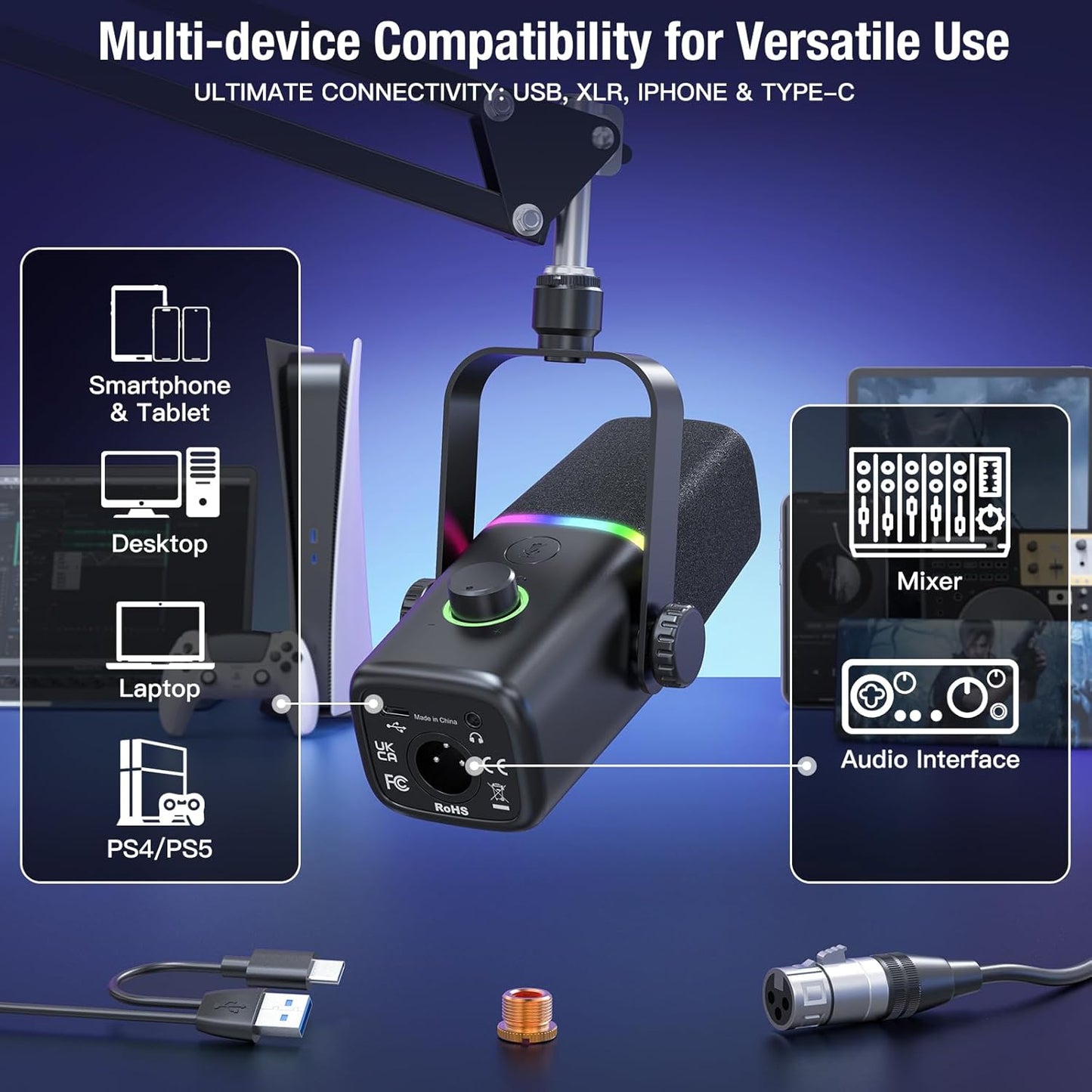 ZealSound XLR/USB Dynamic Microphone for Gaming Podcast,Mic for iPhone Phone PC Computer Gaming Streaming Microphone with RGB Light,Mute Button,Mic Gain,Headphones Jack,Boom Arm Stand,Singing YouTube