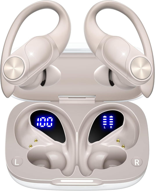PocBuds Bluetooth Headphones Wireless Earbuds 80hrs Playtime Wireless Charging Case Digital Display Sport Ear buds with Earhook Deep Bass IPX7 Waterproof Over-Ear Earphones for Phone Laptop Pearl Gray