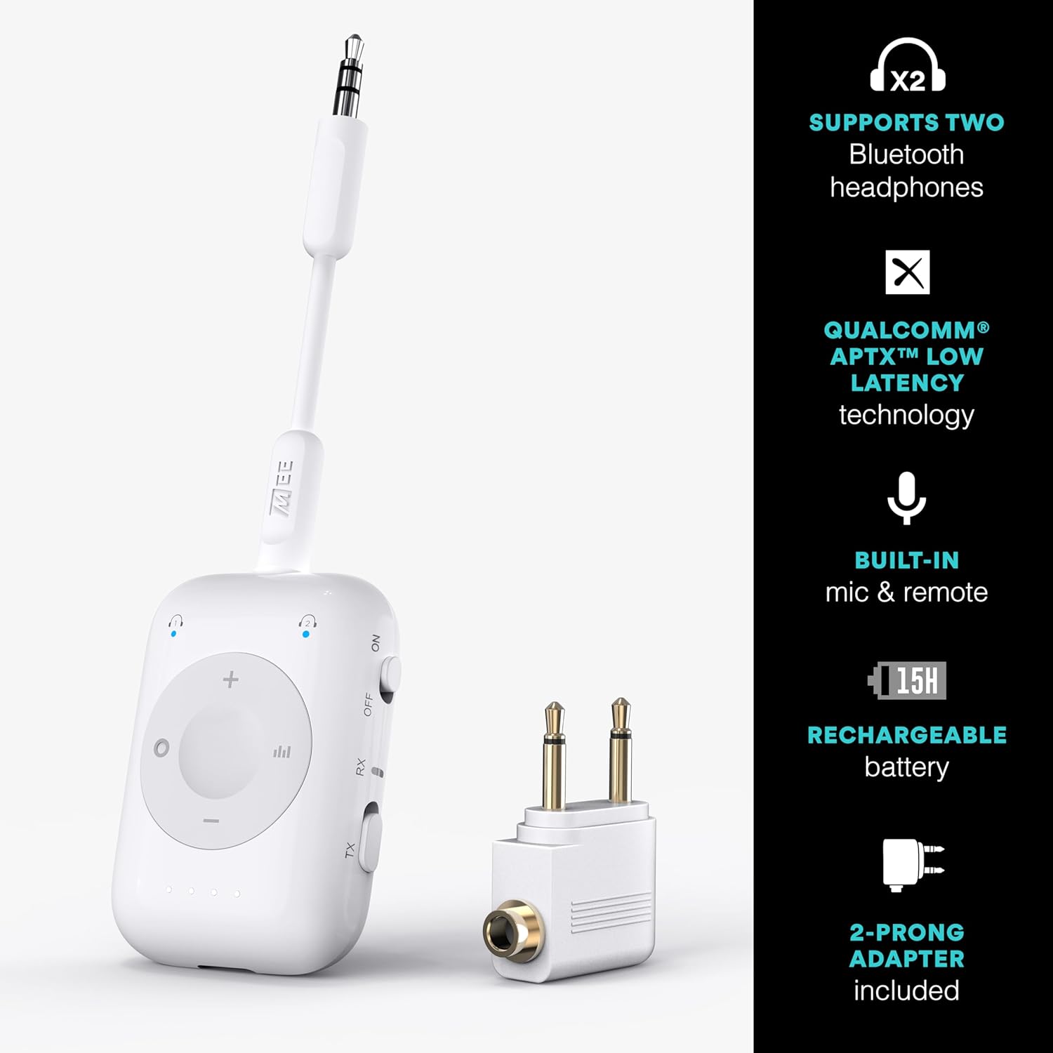 MEE audio Connect Air Pro Bluetooth Wireless Audio Transmitter & Receiver for AirPods or Bluetooth Headphones, 2-in-1 Adapter with Detachable Cable 3.5mm Aux Audio Jack for Airplanes, Auto, Gym, White