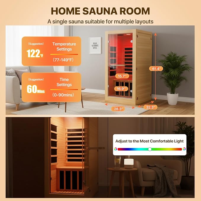 OUTEXER Infrared Sauna Room Indoor Saunas Home Obeche Wood 900W Low-EMF Dry - Image 5