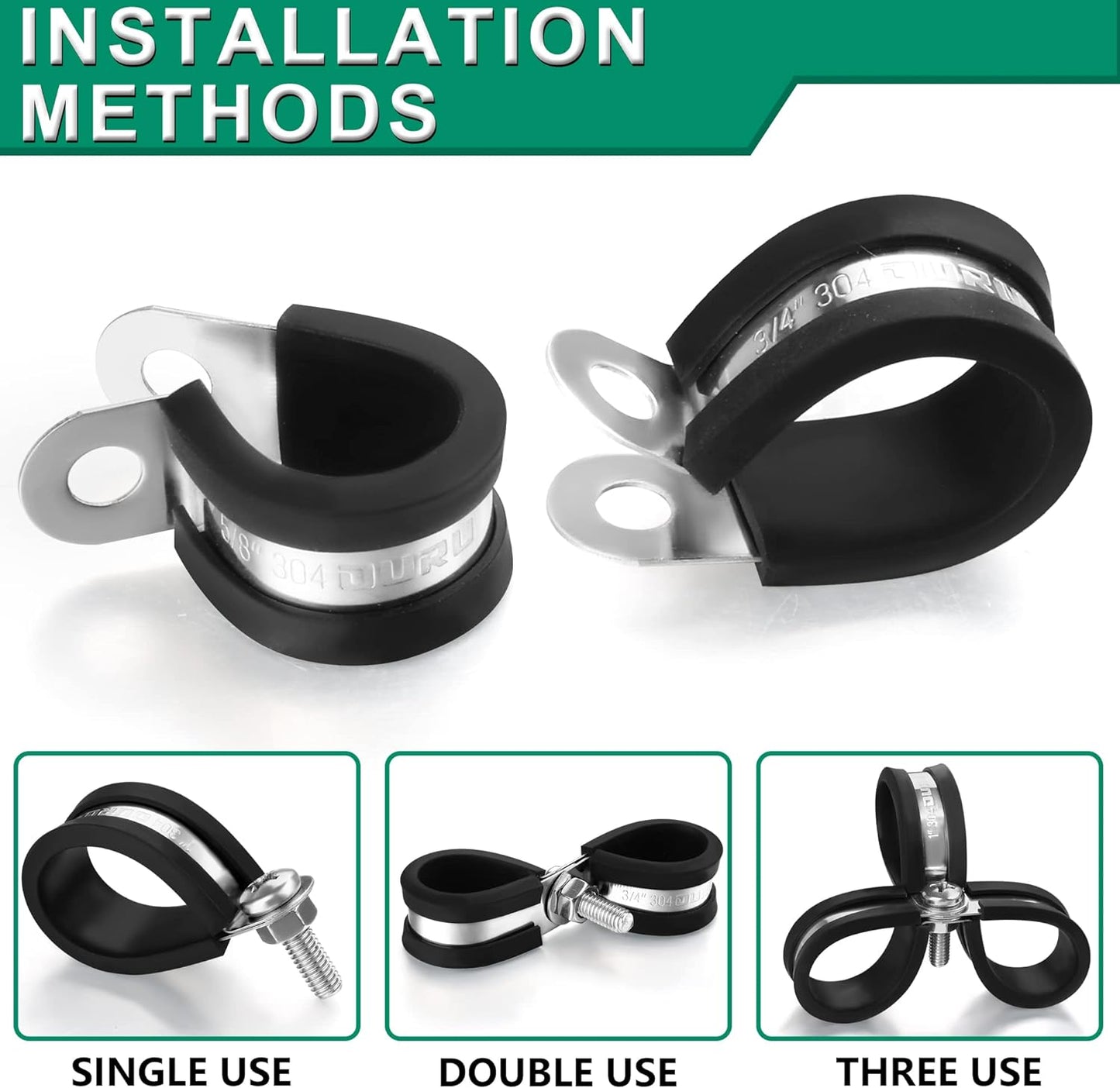 30PCS Stainless Steel Cable Clamps 9 Sizes—1/8" 3/16" 1/4" 5/16" 3/8" 1/2" 5/8" 3/4" 1" Rubber Coated Cushioned Insulated Cable Clamp,Automotive Cable Wire Clamps,Pipe Clamps(Black)