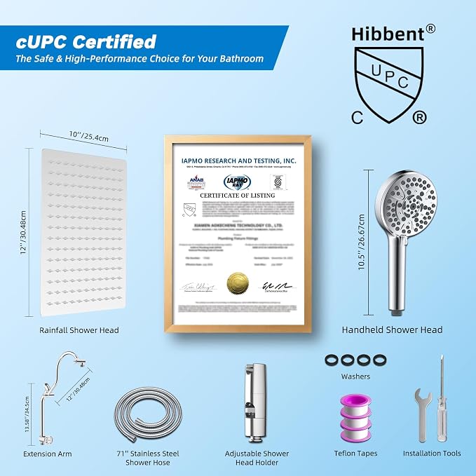 Hibbent cUPC Certified All Metal 12" Rainfall Showerhead Combo, High Pressure - Image 9