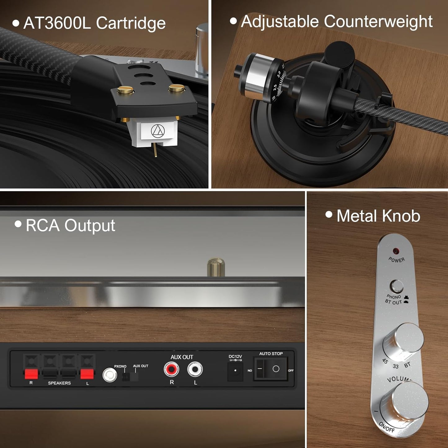 Wohome Vinyl Record Player with 66 Watt External Bookshelf Speakers, High Fidelity System Vintage Turntables for Vinyl Records with Magnetic Cartridge, Bluetooth Playback, RCA line Out and Auto Off