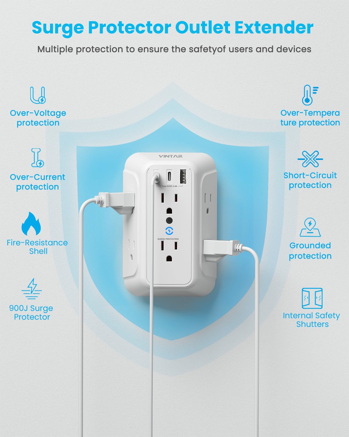 [2-Pack] Surge Protector Outlet Extender, VINTAR 6 Outlet Splitter with 3 USB Charging Ports (2 USB C),900J Multi Plug Outlet Power Strip, 3-Sided Usb Wall Charger for Home Office Dorm Room Essentials