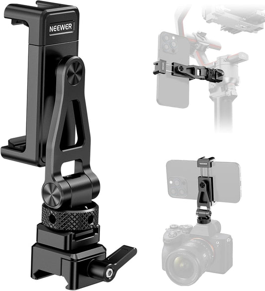 Neewer Metal Phone Tripod Mount with Cold Shoe Mount NATO Clamp Compatible with DJI RS4 RS3 Pro RS2 RSC2 Gimbal Stabilizer, 180° Tilt Phone Clip Holder Compatible with iPhone 15 Pro Camera Cage, GA010