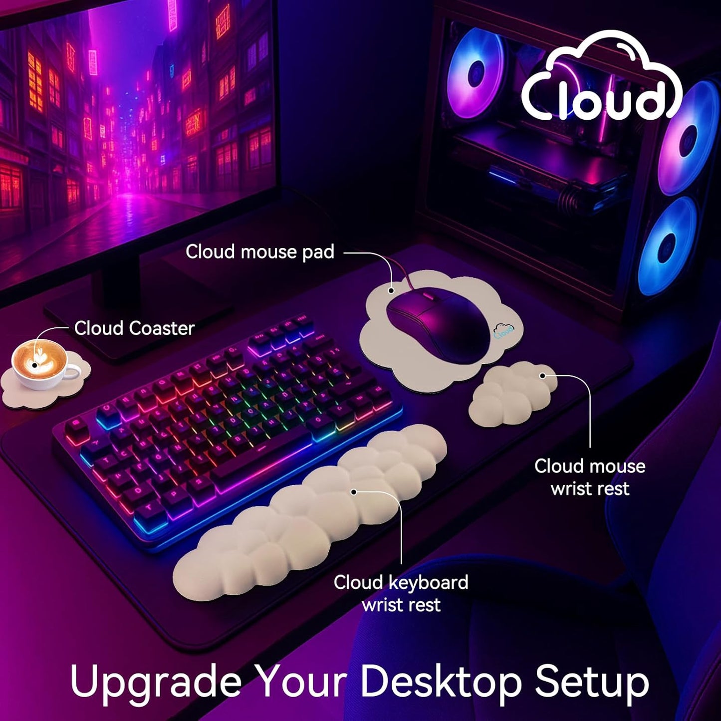 Cloud Wrist Rest for Computer Keyboard, 4-in-1 Memory Foam Leather Cloud Keyboard Wrist Rest and Mouse Pad Set with Ergonomic Support for Arm and Palm Cushion, Gaming/Work Setup, Beige