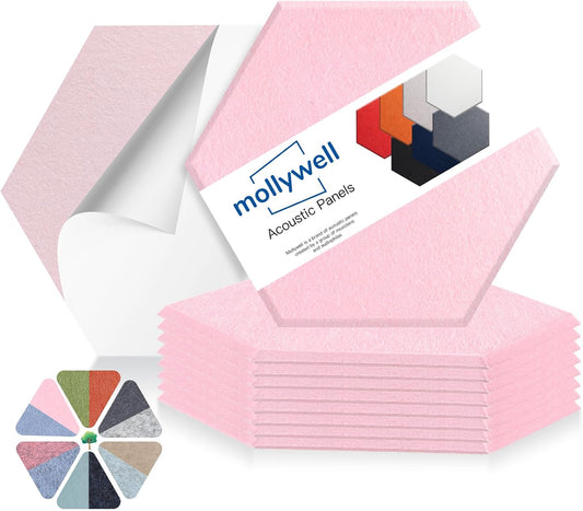 Mollywell Hexagon Acoustic Panels, High Density, Soundproofing, Decorative Noise Reduction Felt Wall Tiles for Ceilings, Home Office & Gaming Room (Cherry Blossom Pink), 14x12x0.4 Inch