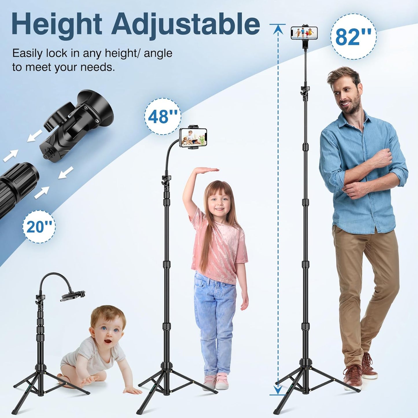 82" Tripod for iPhone,Phone Tripod Compatible with Smartphone/Camera/Gopro,Tall iPhoneTripod with 9.8" Gooseneck and Remote,Cell Phone Tripod Stand for Video Recording Selfies Vlogging