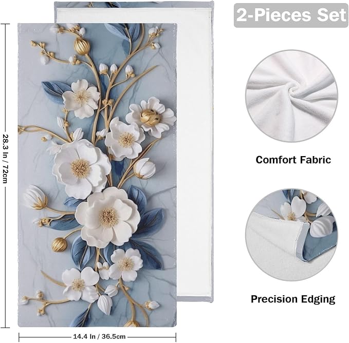 Vintage 3D Floral Hand Towels for Bathroom Set of 2, Decorative White Blue - Image 2