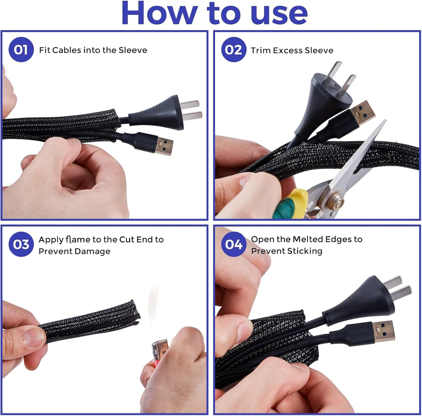 Cable Management Sleeves 1.5in - 2 Pack 4.1ft Split Braided Cable Sleeve Black, Wire Organizers for Cords, Hard PE Cord Protectors from Pets, Flexible Cord Wrap Wire Sleeve for Computer Cord Organizer