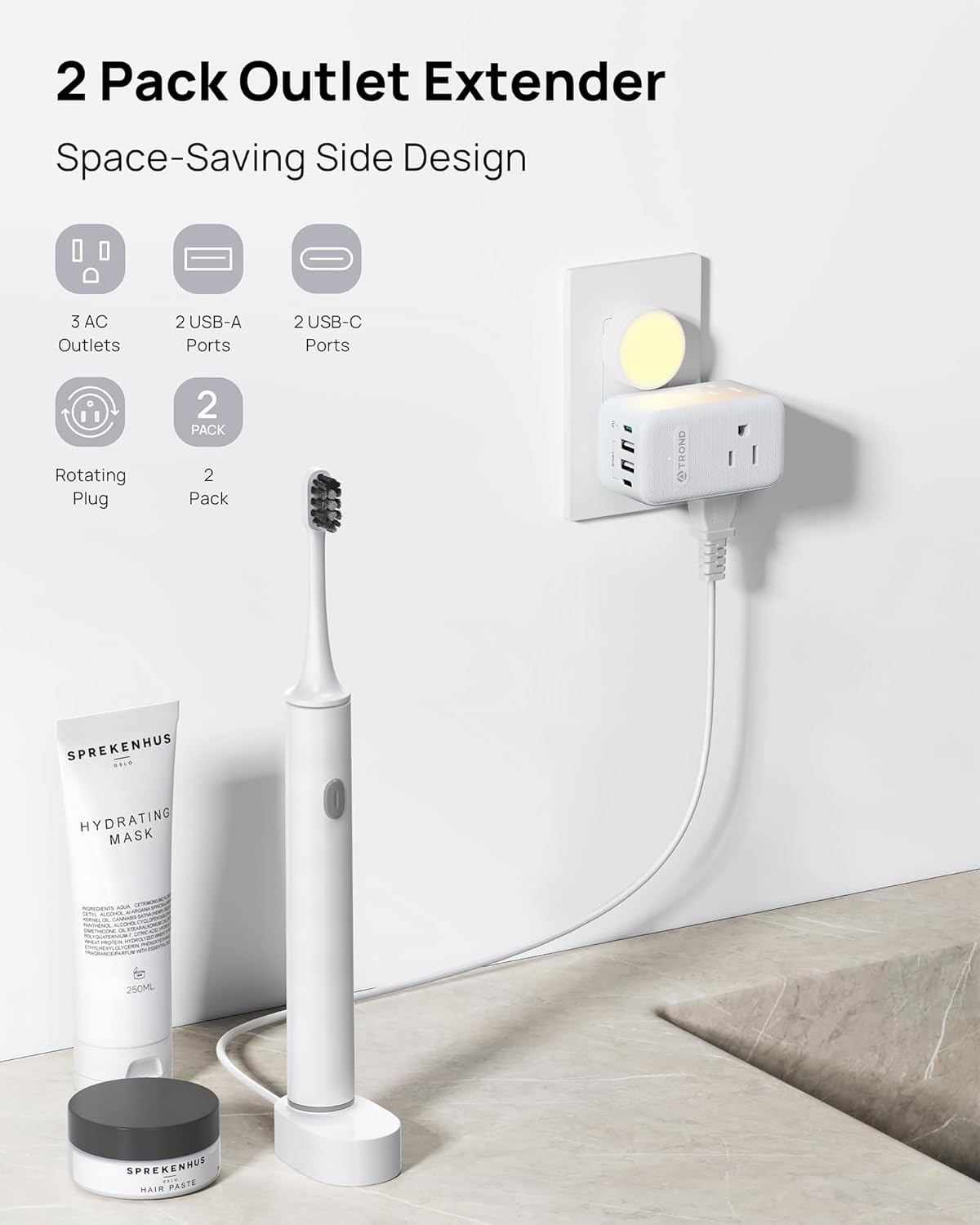 TROND Multi Plug Outlet Extender 2 Pack, 3 Way Outlet Splitter with 360 Rotating Plug, PD 20W USB C Charger Station, Sideways Adapter for Kitchen Bathroom Cruise Ship Travel Essentials