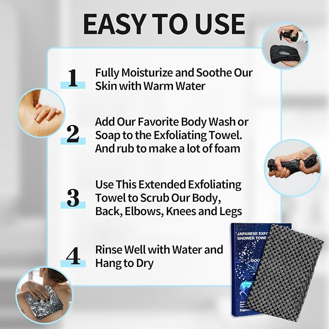 Exfoliating Washcloth Shower Towels, Premium Japanese Exfoliating Body Scrubber - Image 4