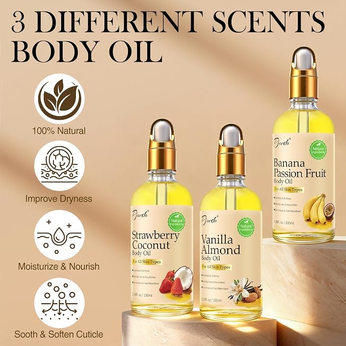 Pjordo 3 Pcs Body Oil with Banana Passion Fruit, Vanilla Almond & Strawberry - Image 2