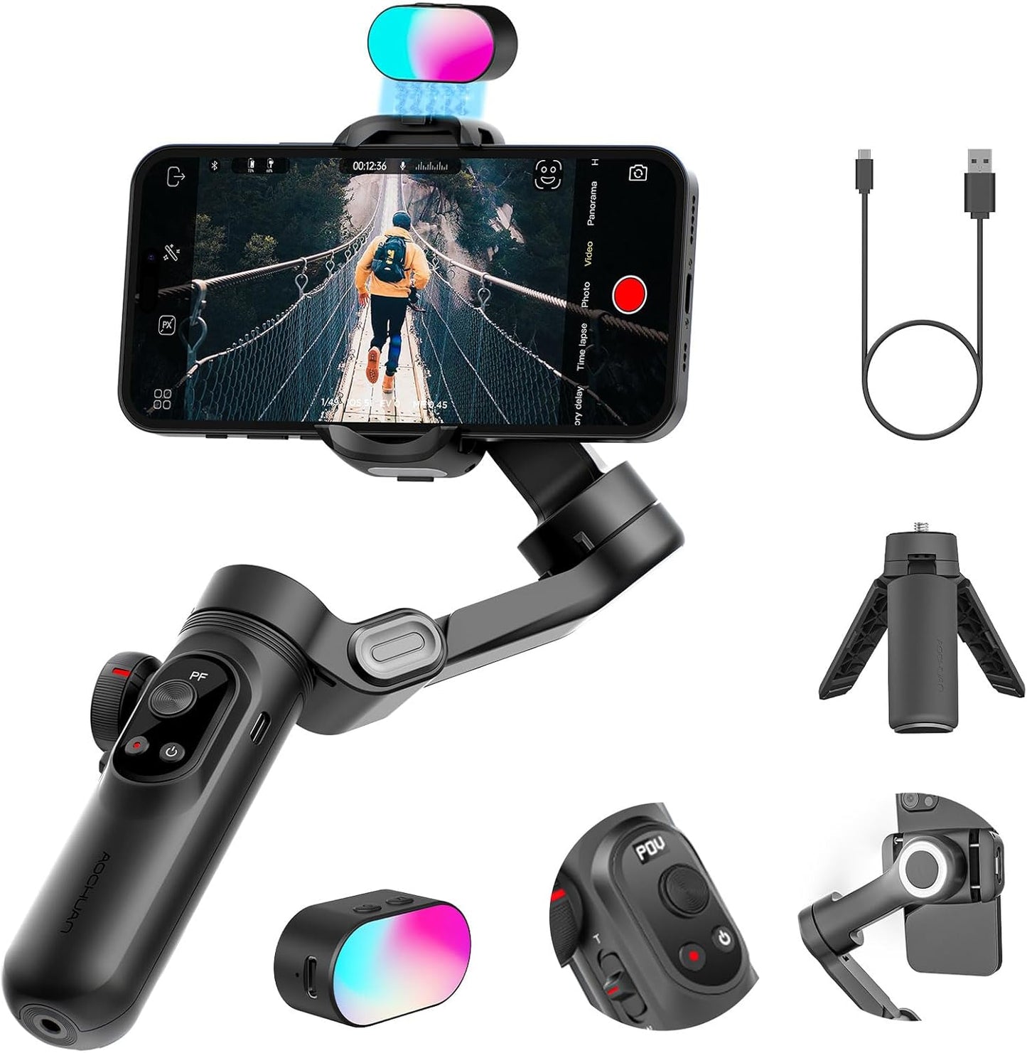 Professional Gimbal Stabilizer for Smartphone,RGB Magnetic Refill Light,OLED Display LED Light,face Tracking,Gesture Control,Professional 3-axis stabilizer for Android &iPhone, AOCHUAN XPRO KIT Black