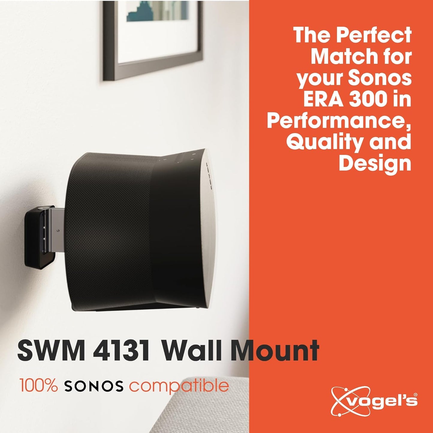 Vogel's SWM 4131 Speaker Wall Bracket for Sonos ERA 300, Max. 11 lbs (5 kg), Tiltable -30º/+30º, Swivels up to 60º (Left/Right), Black, 1 Bracket