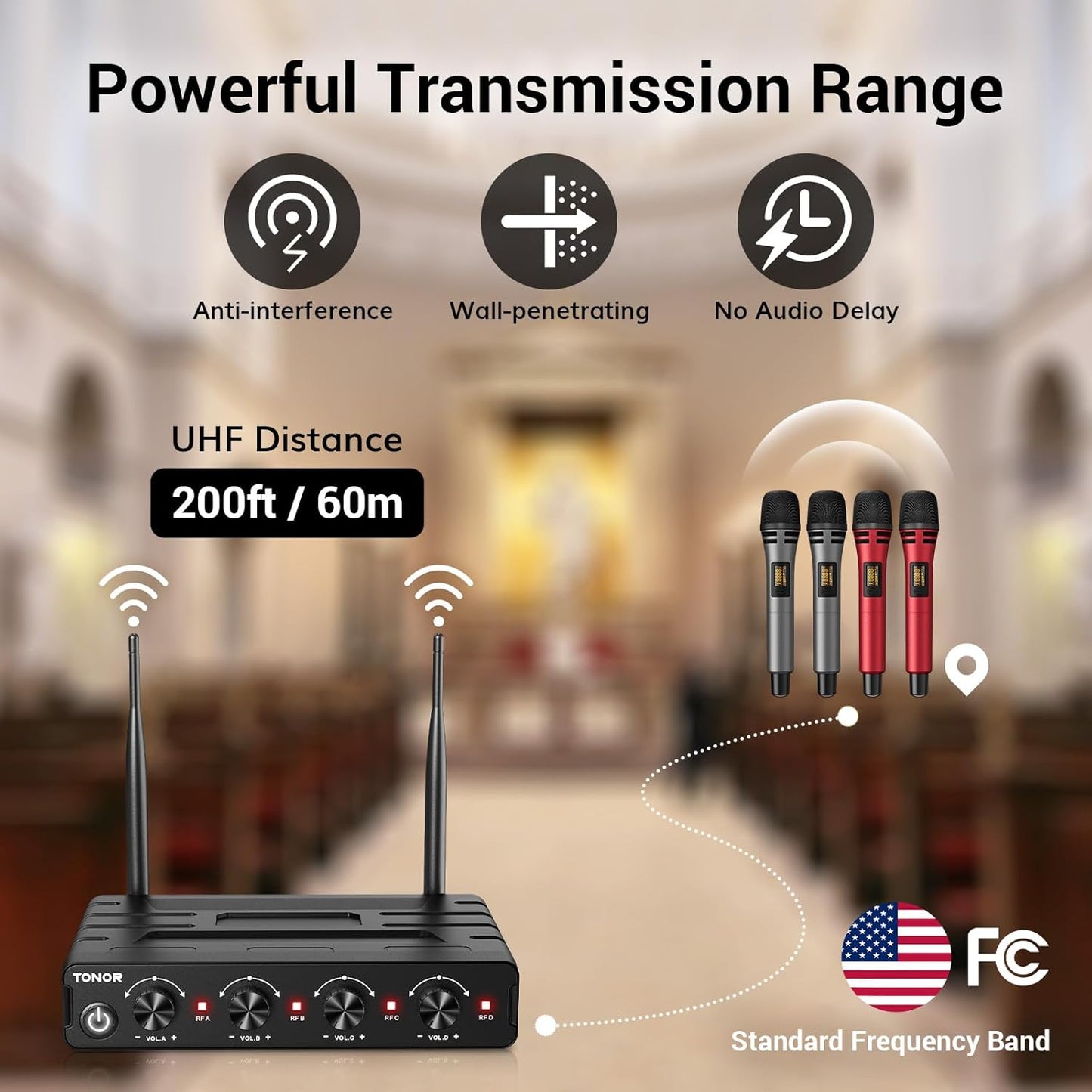 TONOR Wireless Microphones System with 4x10 Channels Cordless Handheld Microfono Inalambrico, UHF Mics with Stable Signal Transmission for Karaoke Singing Party Church Wedding PA Speaker 200ft Red