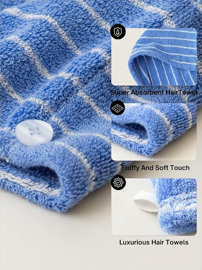 WENSHUO Azure Holiday-Striped Hair Towel Wrap-Drying Tool, 100% Combed Cotton - Image 3