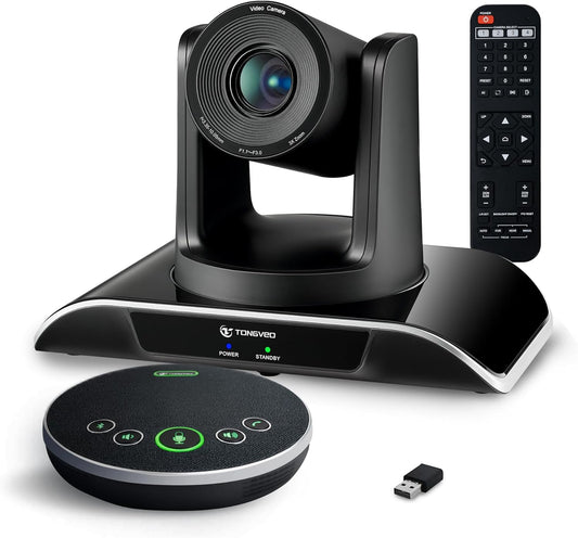 TONGVEO All-in-One Conference Room Video Camera System Bundle HD 1080P 60fps 3X Optical Zoom USB3.0 HDMI PTZ Camera and Bluetooth Conference Speakerphone with Microphones