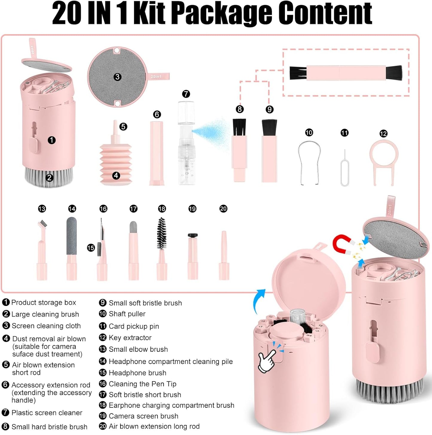 walrfid Laptop Phone Screen Cleaner Kit, Computer Keyboard Brush Cleaning Spray for iPhone AirPods MacBook iPad, 20-in-1 Electronic Device Clean Tool for Camera Earbud Car Screens (Pink)