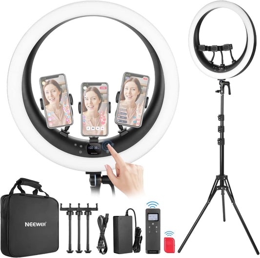 NEEWER Ring Light RP19H 19 Inch with Tripod Stand 3 Phone Holders Compatible with iPhone, Upgraded 2.4G Touch Control Ringlight for Video Recording Streaming Home Office Zoom Selfie Makeup Lighting