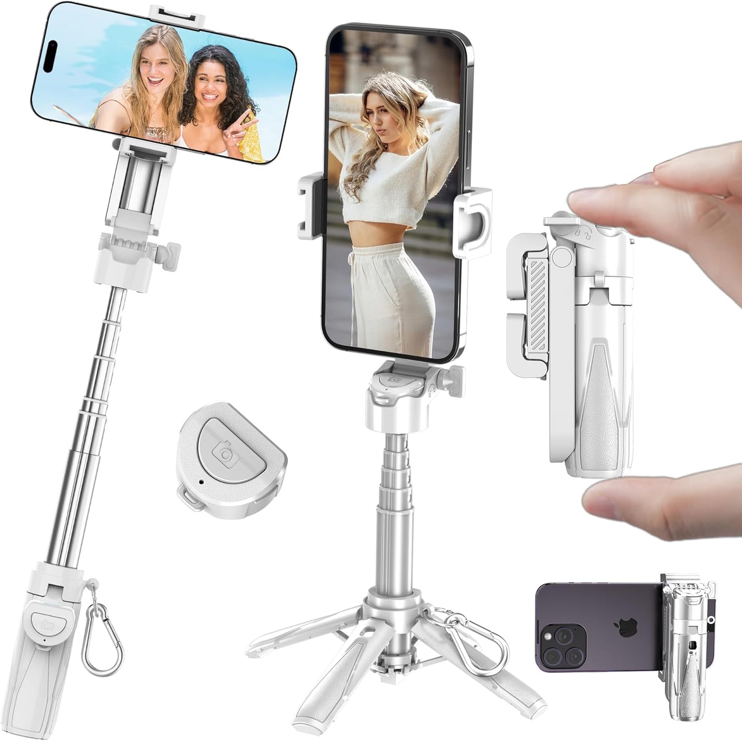Mini Selfie Stick Tripod, Extendable Grip Phone Tripod with Detachable Remote Pocket Size, 4-in-1 Mini Phone Grip, 10m Wireless Shutter, Vlog Livestreaming Photography （White）