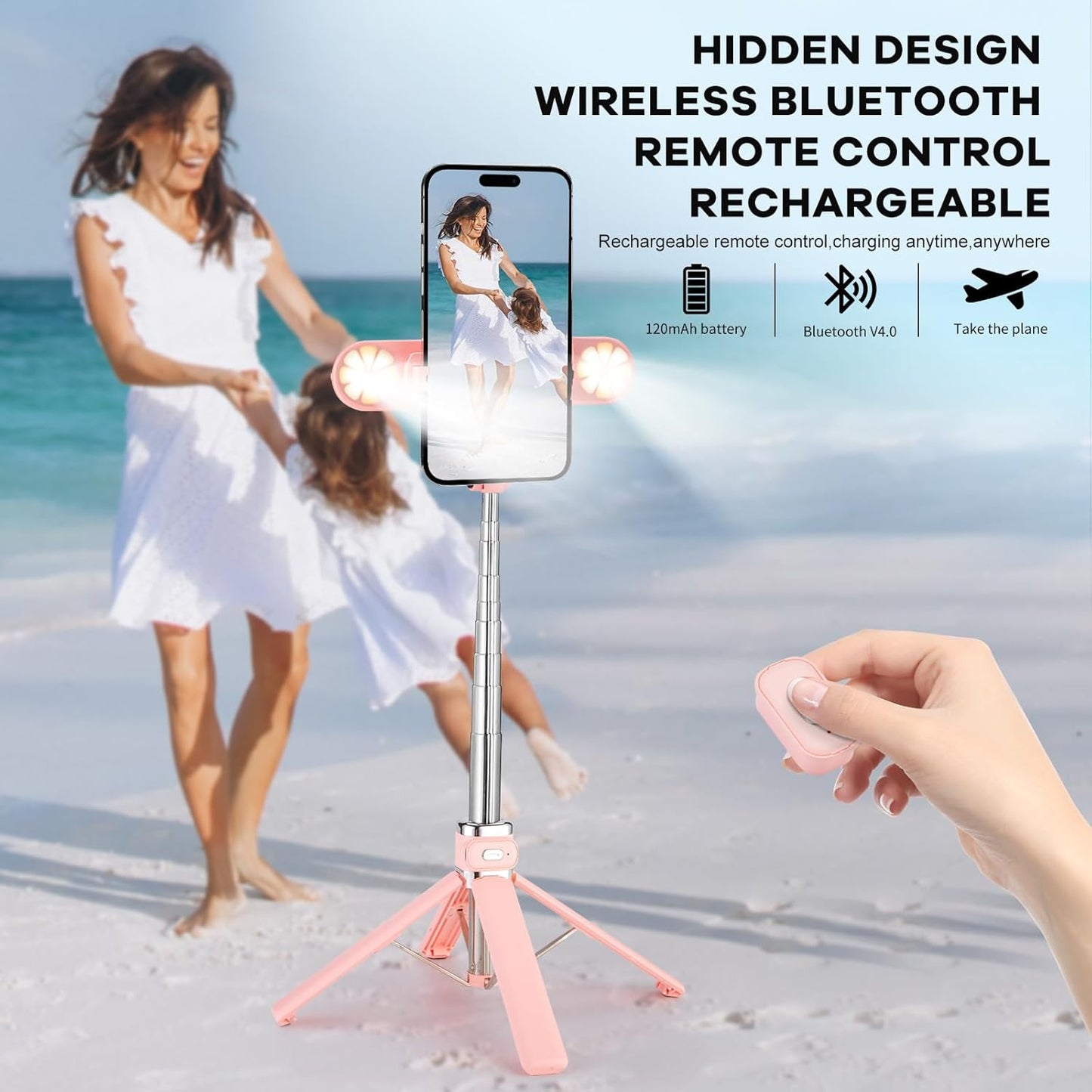 Mini Phone Tripod Stand,MQOUNY 38" Phone Tripod &Selfie Stick with Wireless Rechargeable Remote & Removable Light, Extendable Tripod Stand 360 Rotation Compatible with Phone&Android (MEI-Pink)
