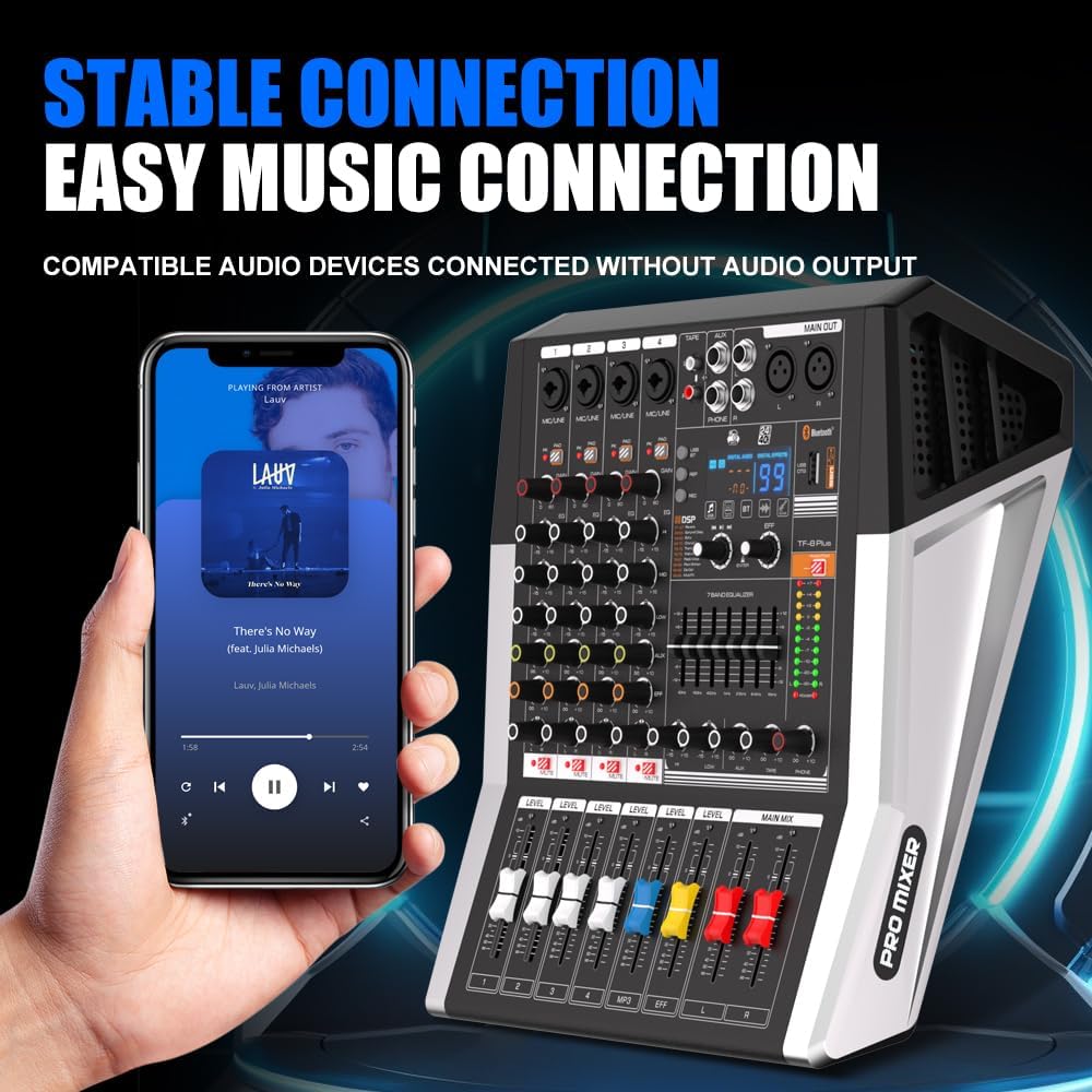 TF400 Dj Mixer 4 Channel Audio Mixer Bluetooth Sound Bar with Power Amplifier 2 * 350W Power Output Powered Mixer USB Audio Interface Sound Mixer with 99 DSP FX Reverb Effects for Streaming Media