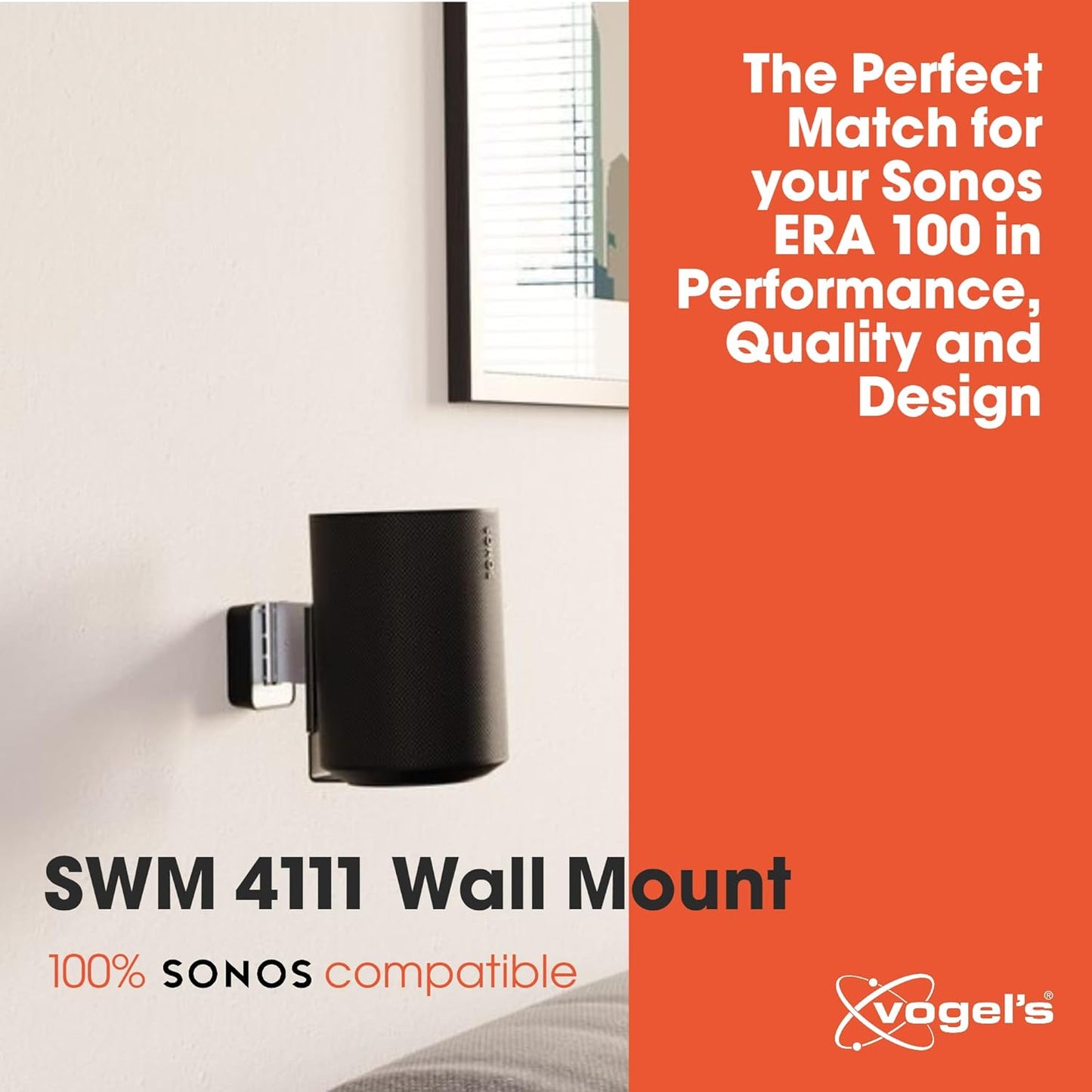 Vogel's SWM 4111 Speaker Wall Bracket for Sonos ERA 100, Max. 11 lbs (5 kg), Tiltable -30º/+30º, Swivels up to 70º (Left/Right), Black, 1 Bracket