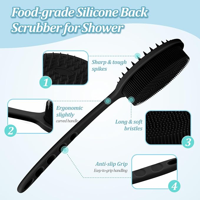 Silicone Back Scrubber & Bath Glove Set 2PCS, 13.4'' Gentle Shower Back Scrubber - Image 3