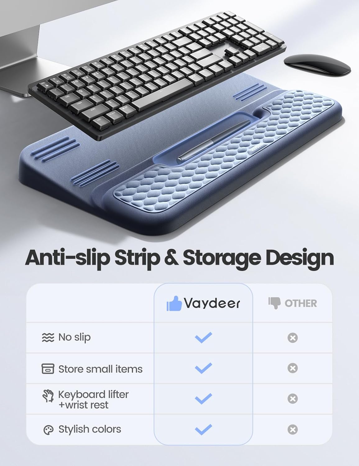 Vaydeer Wrist Rest with Keyboard Stand, Computer Wrist Support Pad, Ergonomic Keyboard Riser Holder Lift Tray with Wrist Pad, Soft Memory Foam Desk Cushion, Palm Hand Typing for Office Home Gift-Blue