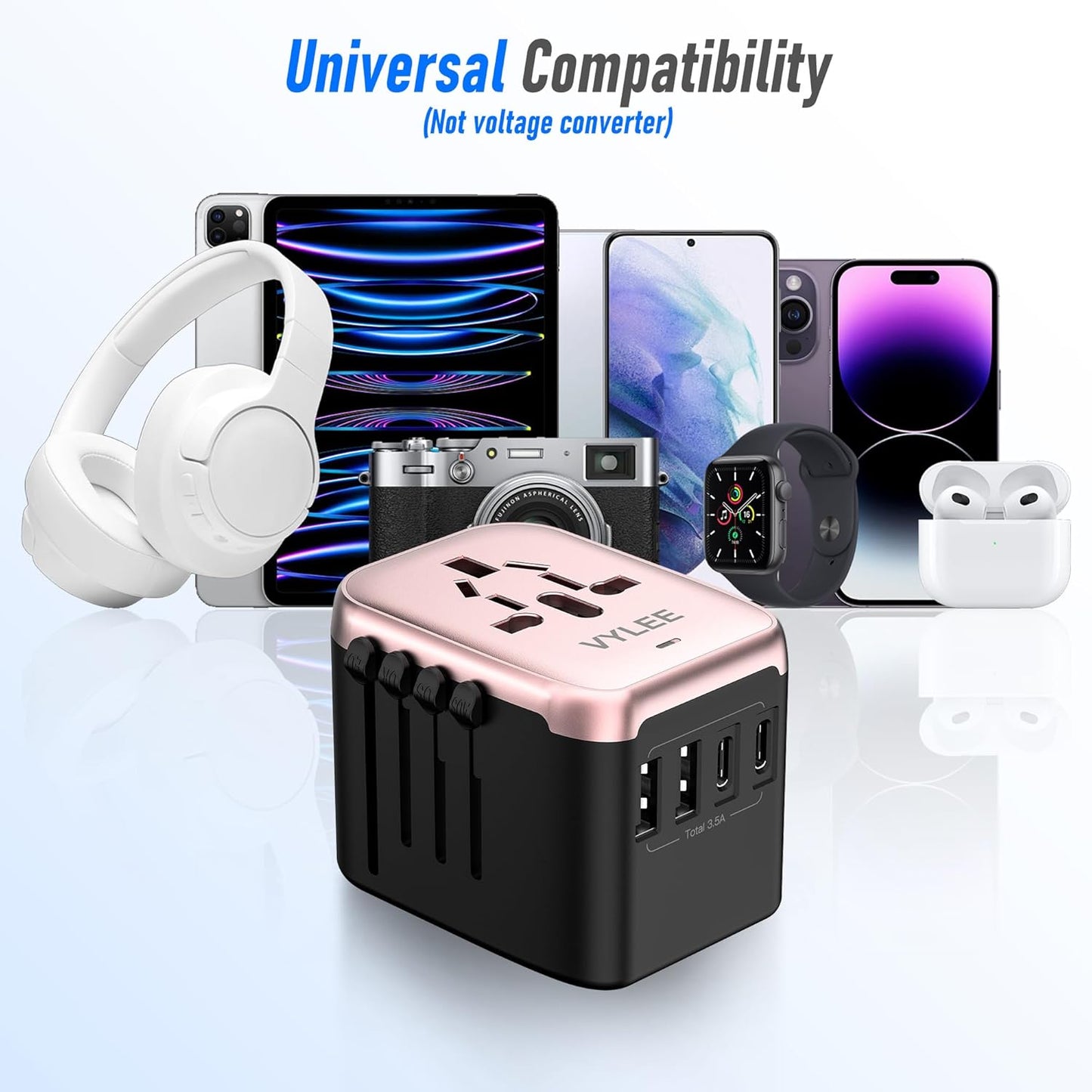 Universal International Power Travel Plug Adapter, 5 in 1 European Travel Plug Adapter W/ 3.5A 2xUSB-A and 2xUSB C Wall Charger and Worldwide AC Outlet for Europe USA UK AUS(Rose Gold)