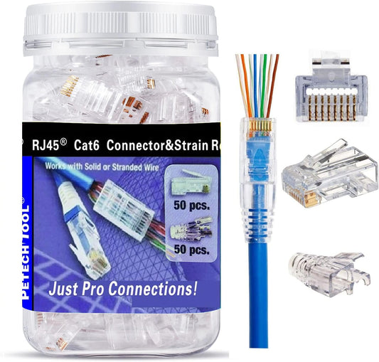 PETECHTOOL RJ45 CAT6 Pass Through Connectors Gold Plated 8P8C Plugs and Strain Relief (50xcat6plug+50xstrain Relief)