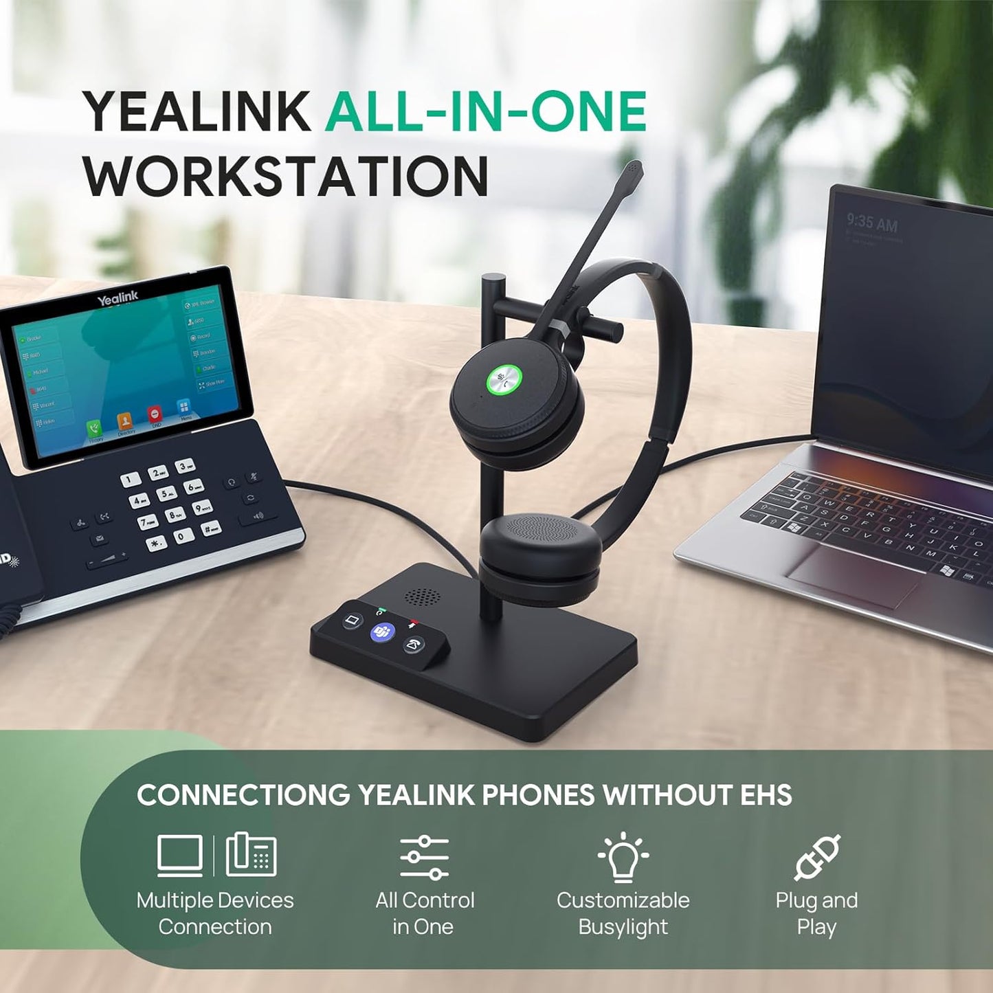 Yealink WH62 Dual Teams DECT Wireless Headset 525 ft Range, Work Headphones with 2X Noise Canceling Mic for IP Phone and Computer, Office Head Set with Call Control, Ringer,14 Hrs Talk Time