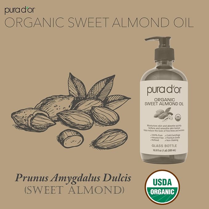 PURA D'OR ORGANIC Sweet Almond Oil 100% Pure & Natural USDA Certified Cold - Image 5