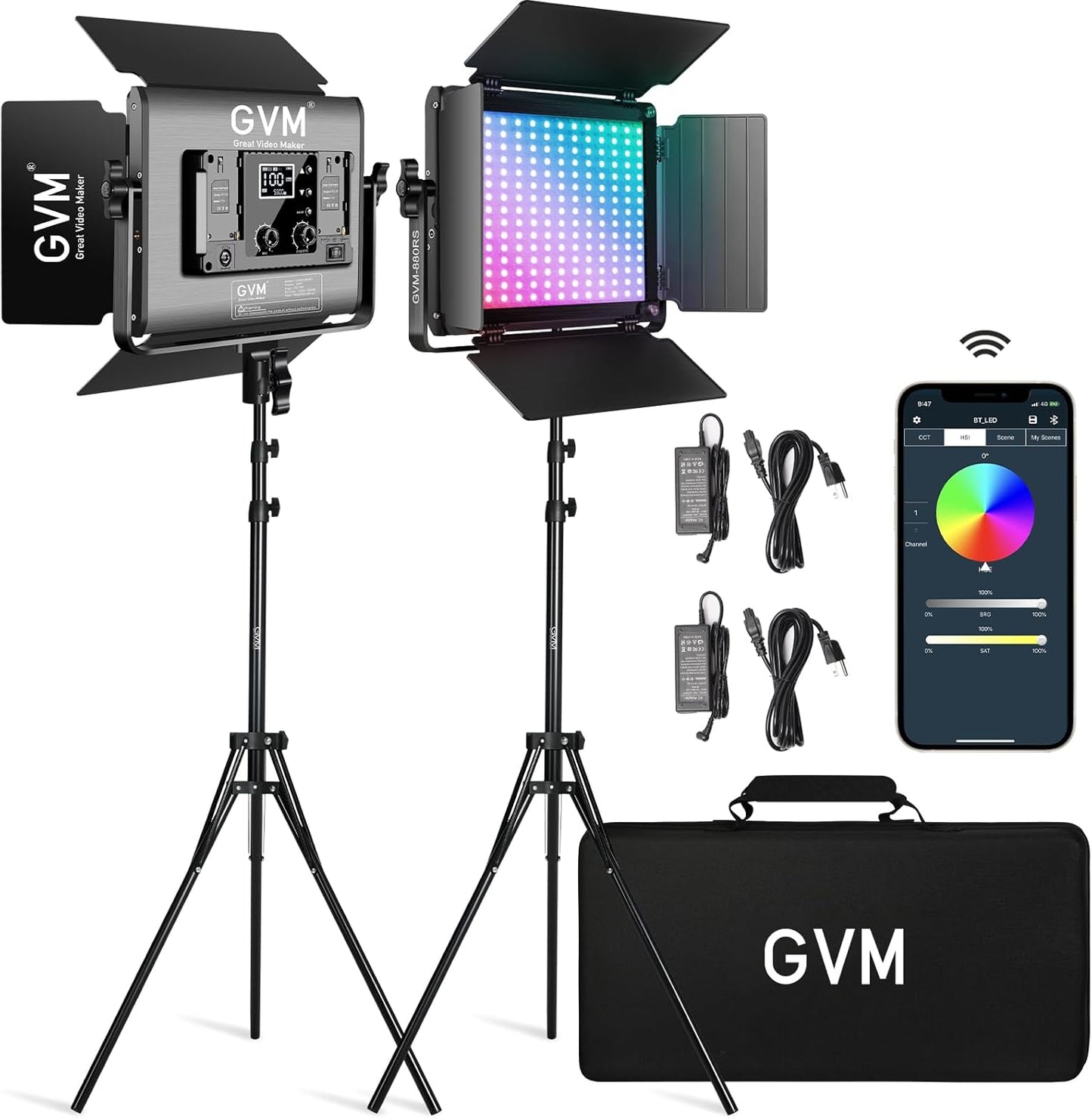 GVM RGB LED Video Light with Bluetooth Control, 60W Photography Studio Lighting Kit with Stands, 2-Packs 880RS Dimmable Led Panel Light for YouTube, Streaming, Gaming, 8 Applicable Scenes, CRI97