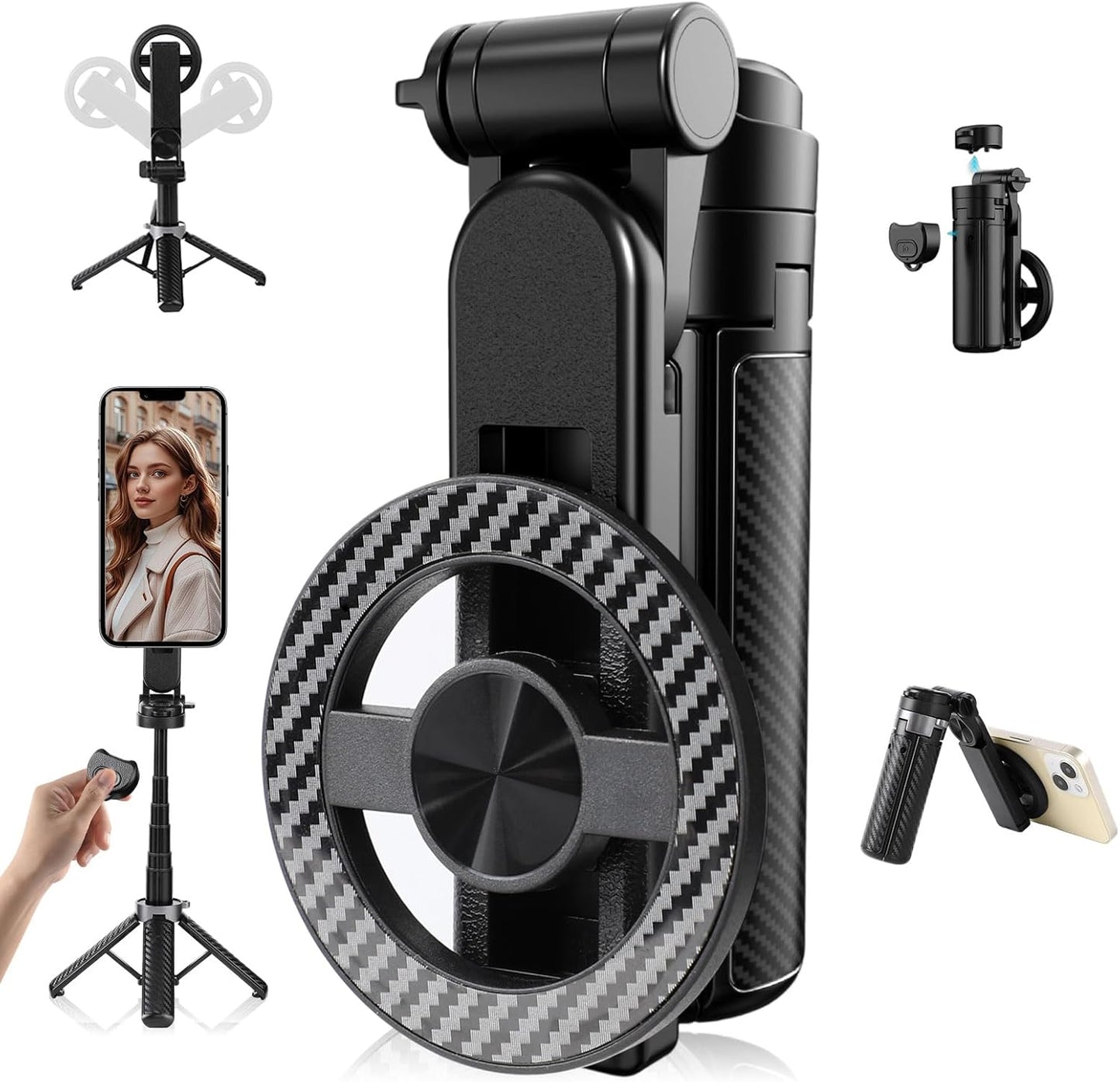 2025 New 4 in 1 Multifunctional Magnetic Selfie Stick, 360° Rotation Phone Tripod with Remote Control, Portable Extendable Mag Tripod, Universal Mobile Phone Holder for Travel Vlog(Black)